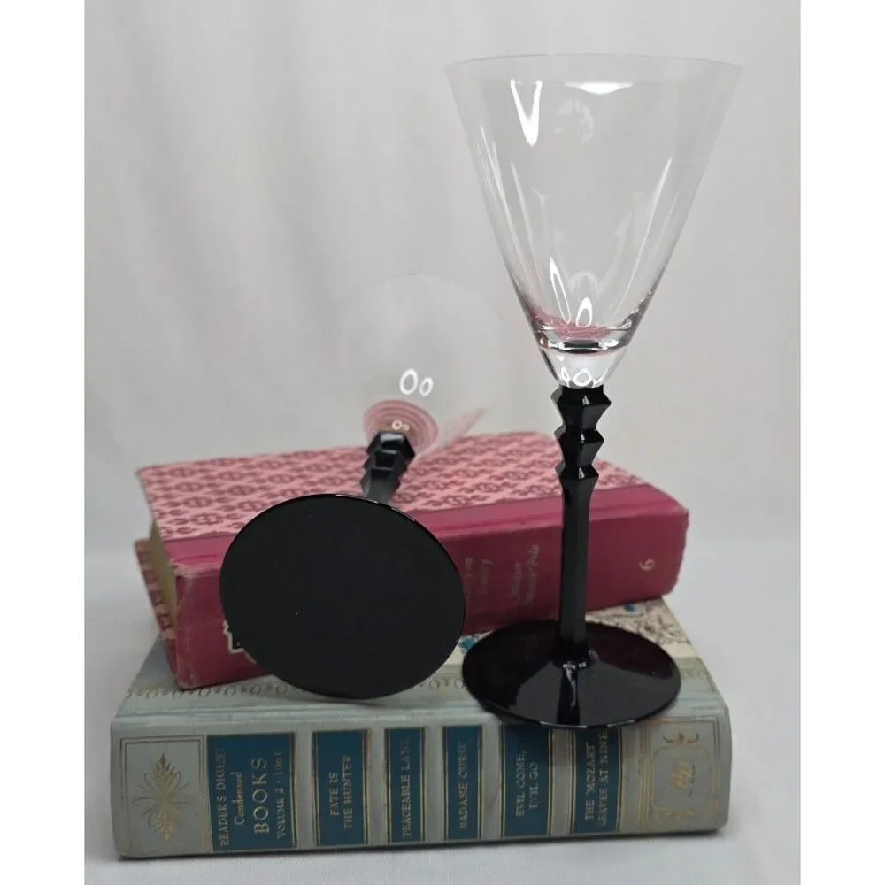 Vintage Sasaki Black Tie Crystal Martini Glasses | Pair | Black Geometric Stem